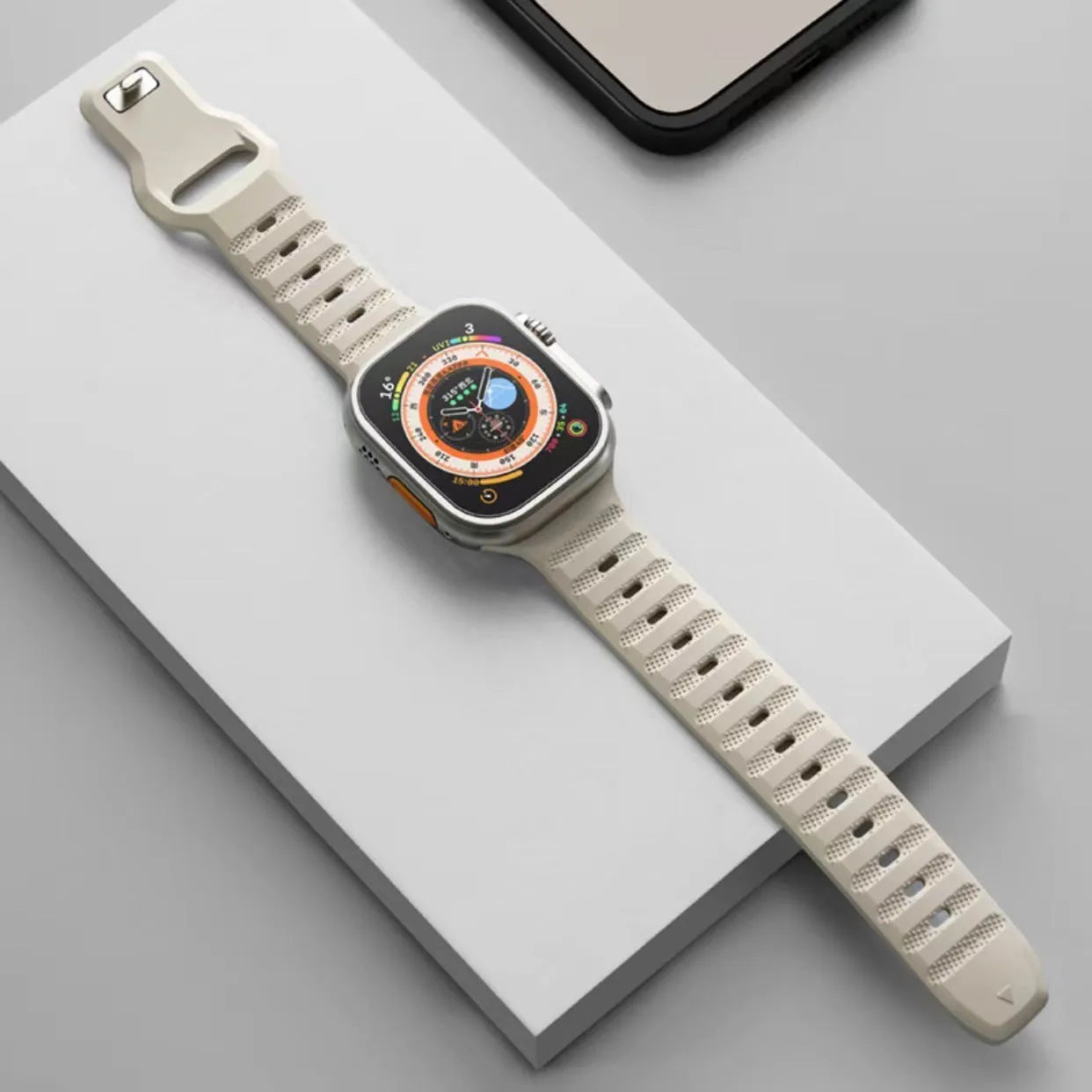 Fluoro rubber Apple Watch replacement band in multiple colours with T buckle closure.
