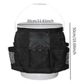 Black cylindrical polyester hanging storage bag fitted on a 5 gallon drum, holding car washing tools.