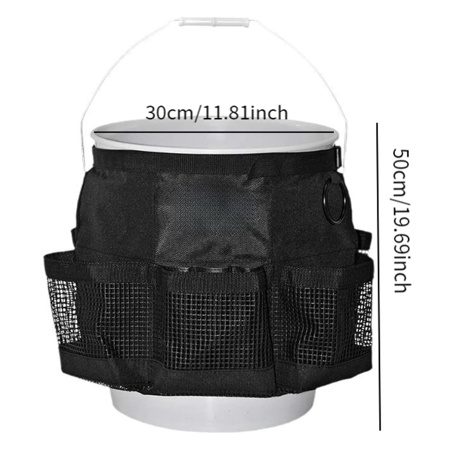 Black cylindrical polyester hanging storage bag fitted on a 5 gallon drum, holding car washing tools.