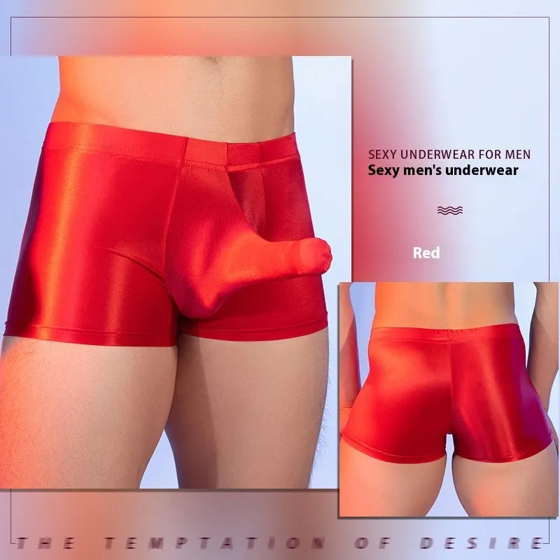 Men's red nylon boxer shorts with mid waist and seamless design on a white background.
