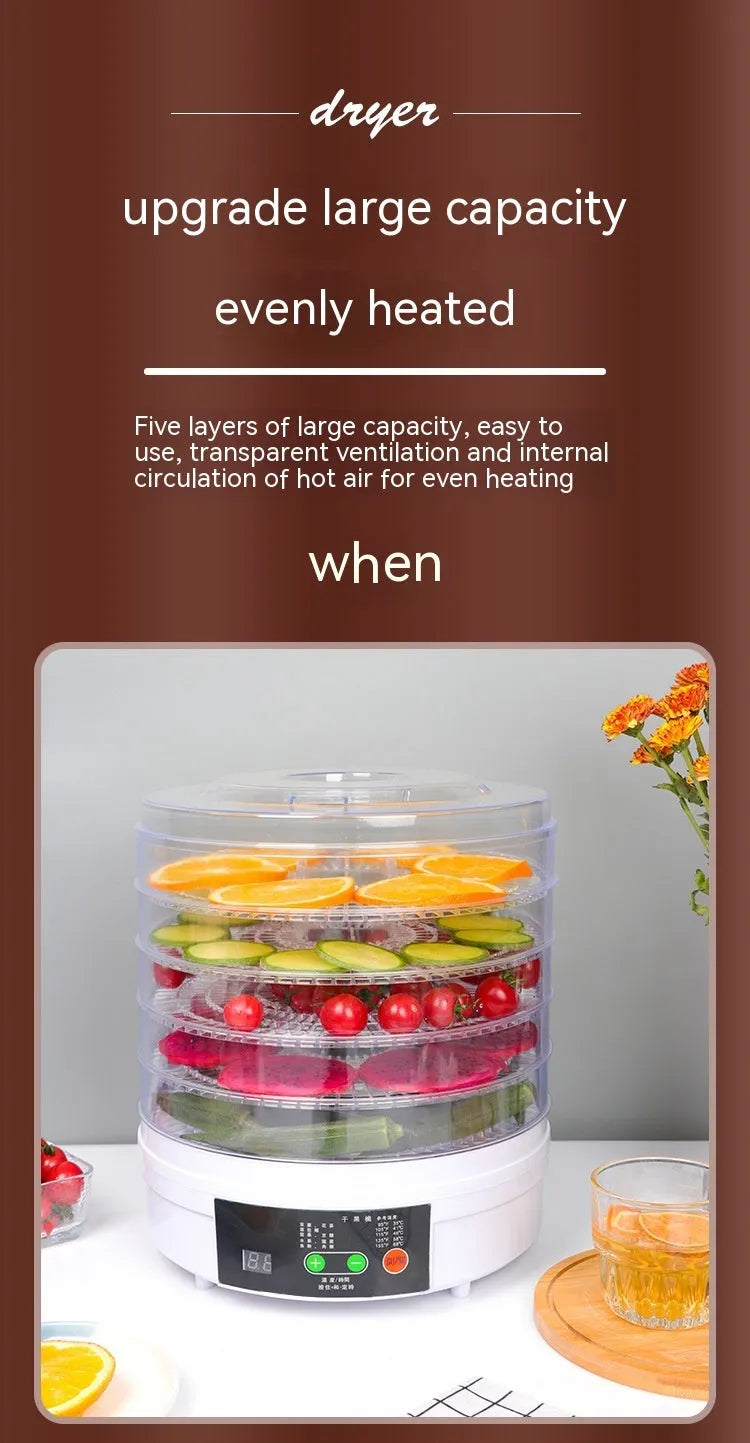 Five-tray food dehydrator with multiple international plug versions for drying fruit and vegetables
