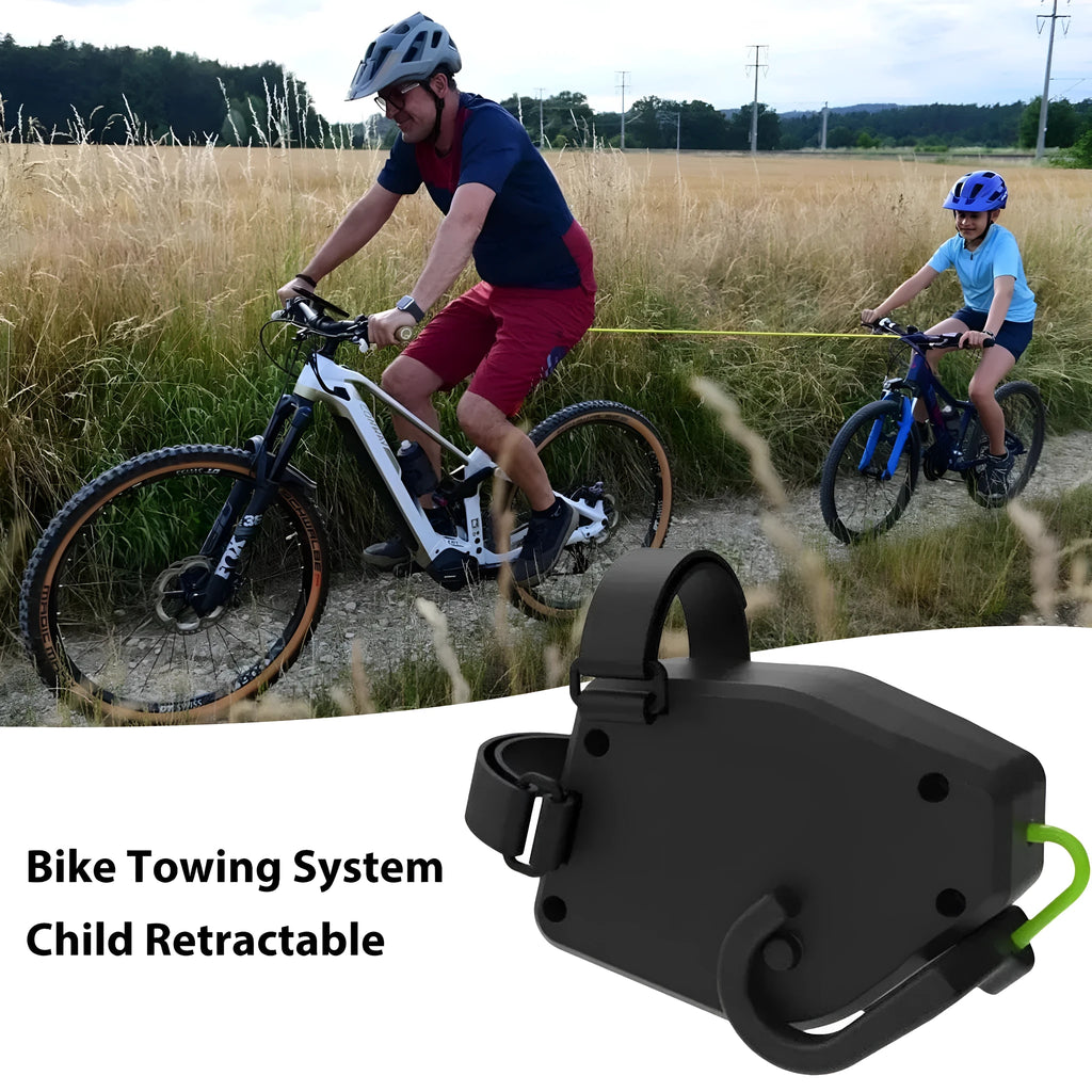 Black plastic/resin bicycle trailer traction device with trailer rope for mountain bike towing
