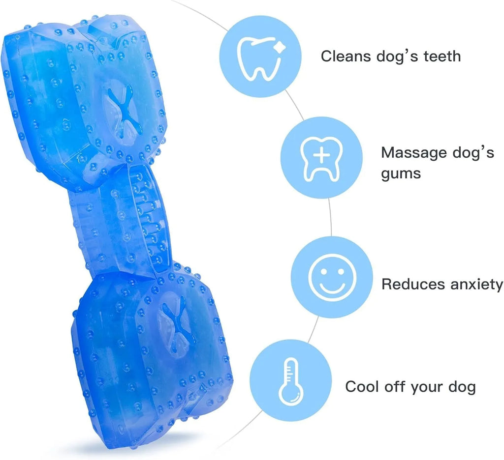 Freezable water-filled dog cooling chew toy in bones and circles designs with treat compartment.