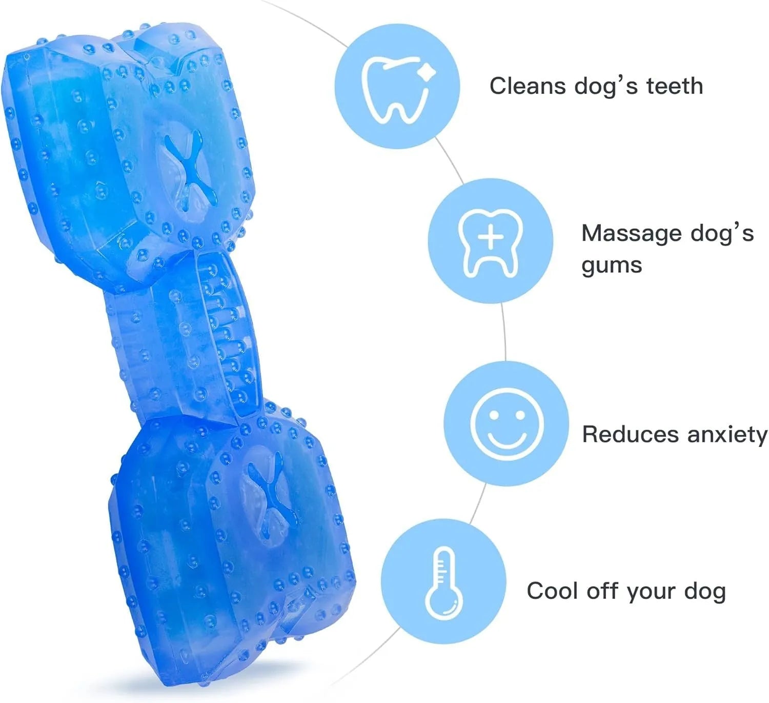 Freezable water-filled dog cooling chew toy in bones and circles designs with treat compartment.