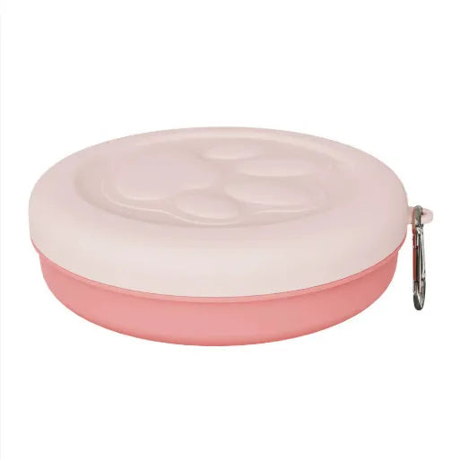 Portable plastic dog feeding bowl in green and pink colour options for outdoor use