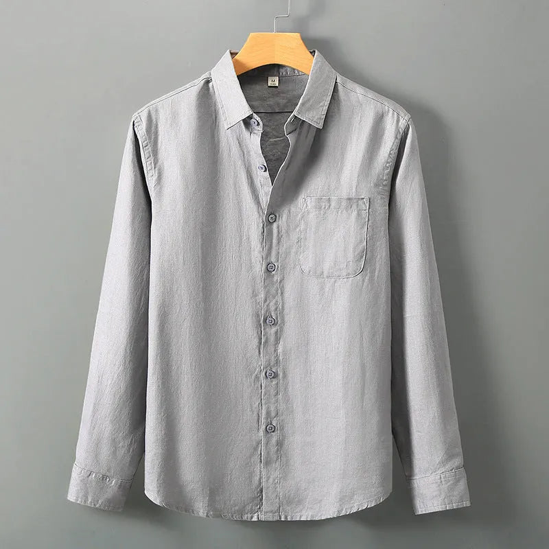 Long sleeve linen shirt in loose fit Chinese cardigan style available in seven colours