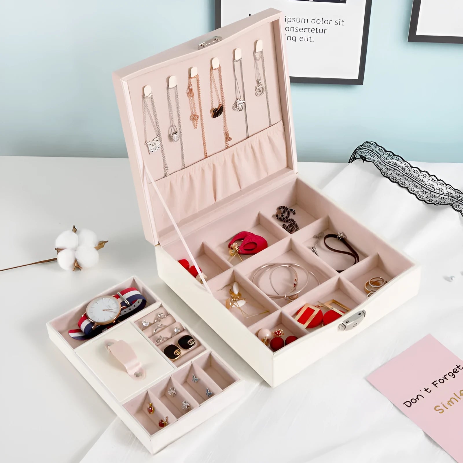 Large capacity red or white PU leather jewellery storage box for necklaces and rings
