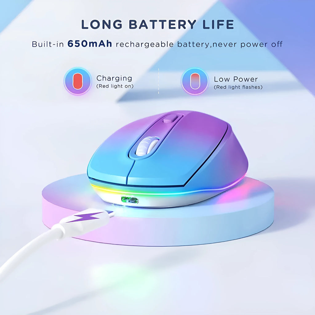 24g wireless rechargeable mouse in black with USB cable on a desk