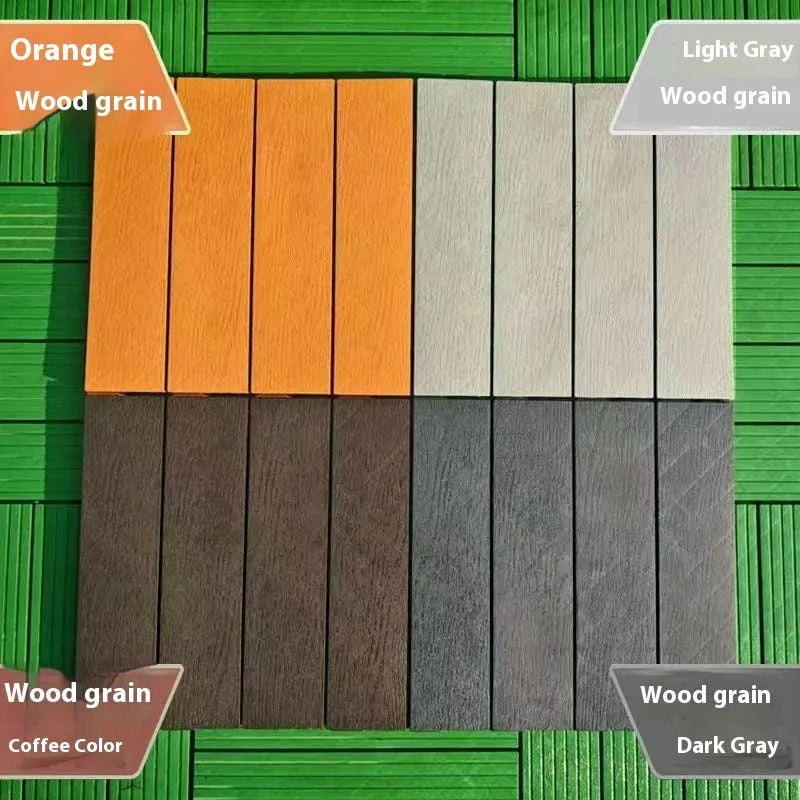 Pack of ten interlocking wood grain plastic floor tiles showing non-slip textured surface.
