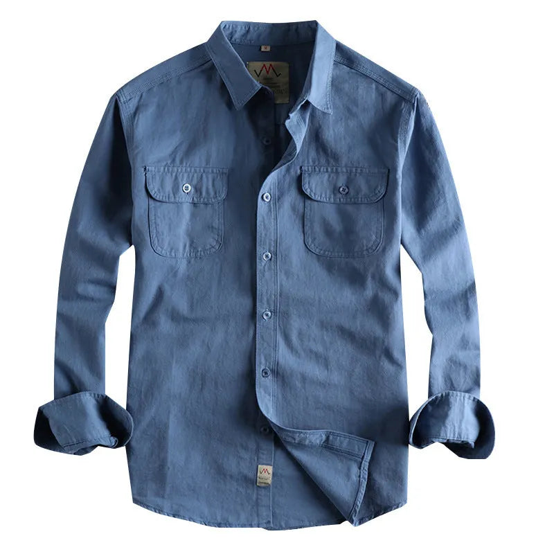 Men's light blue cotton long sleeve shirt with regular fit and cardigan style