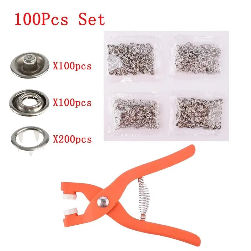 Square stainless steel five claw no sew button and application pliers for clothing