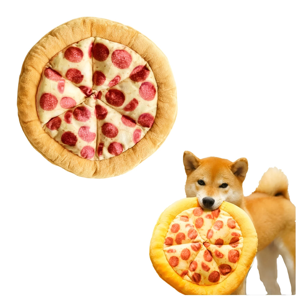 Yellow pizza-shaped squeaky dog toy for teeth grinding and chewing
