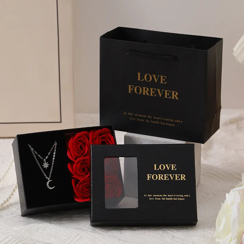 Korean style soap flower gift box set with six roses, presentation handbag, in red, pink, or black.