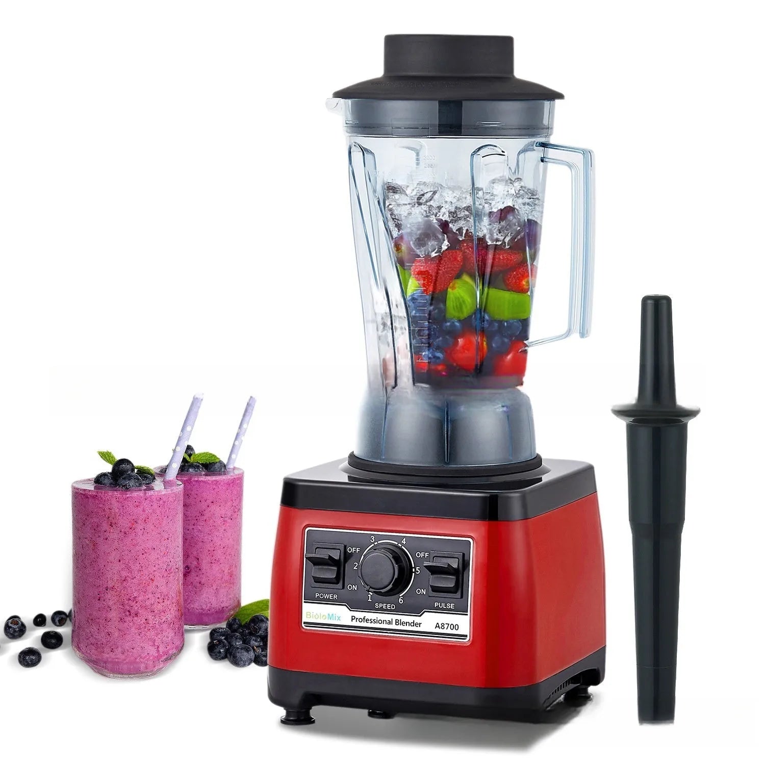 Red A8700 commercial blender with 2-litre jug and 2200W motor on a countertop.