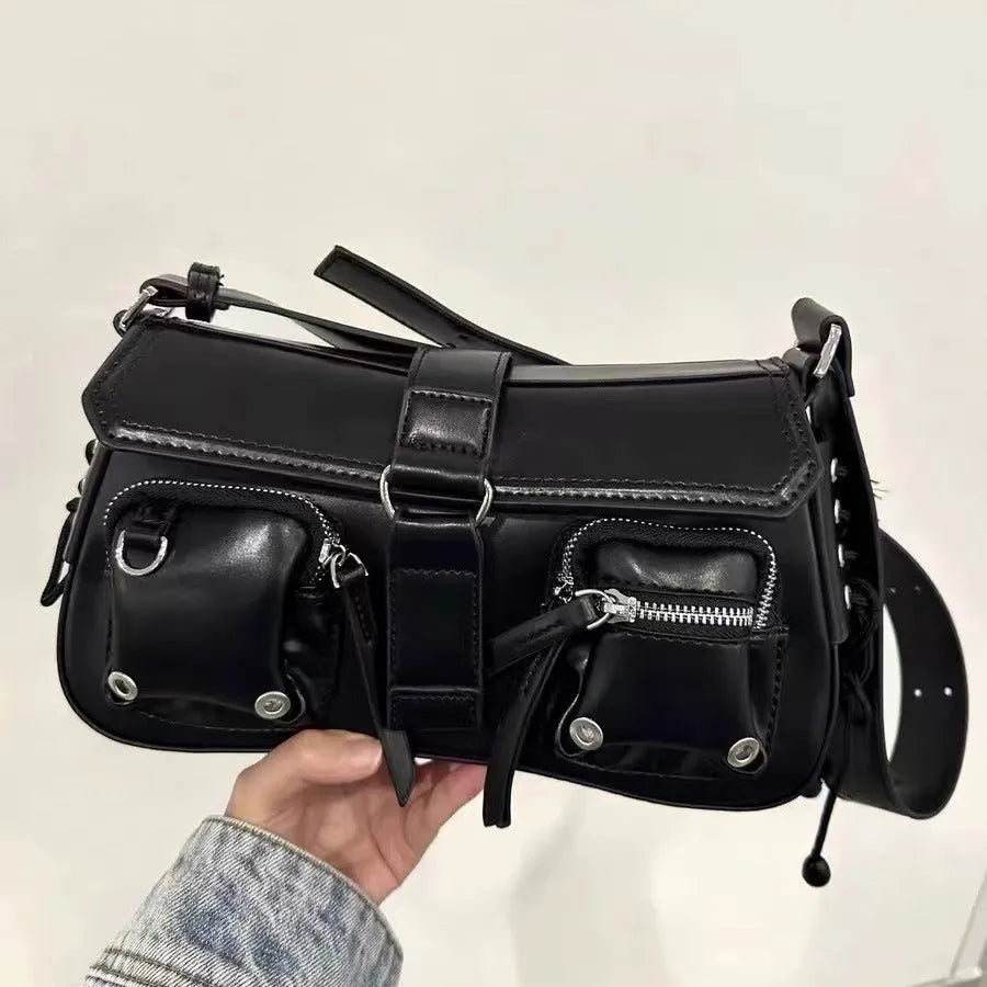 Black PU women's baguette shoulder bag with adjustable strap showing compact rectangular shape