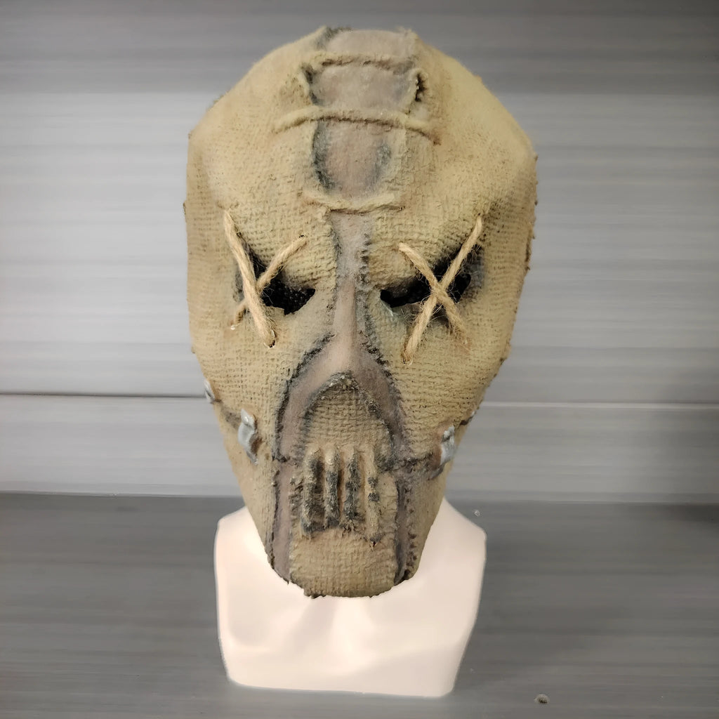 Close-up of a detailed latex scar skull mask head cover for adult Halloween costumes