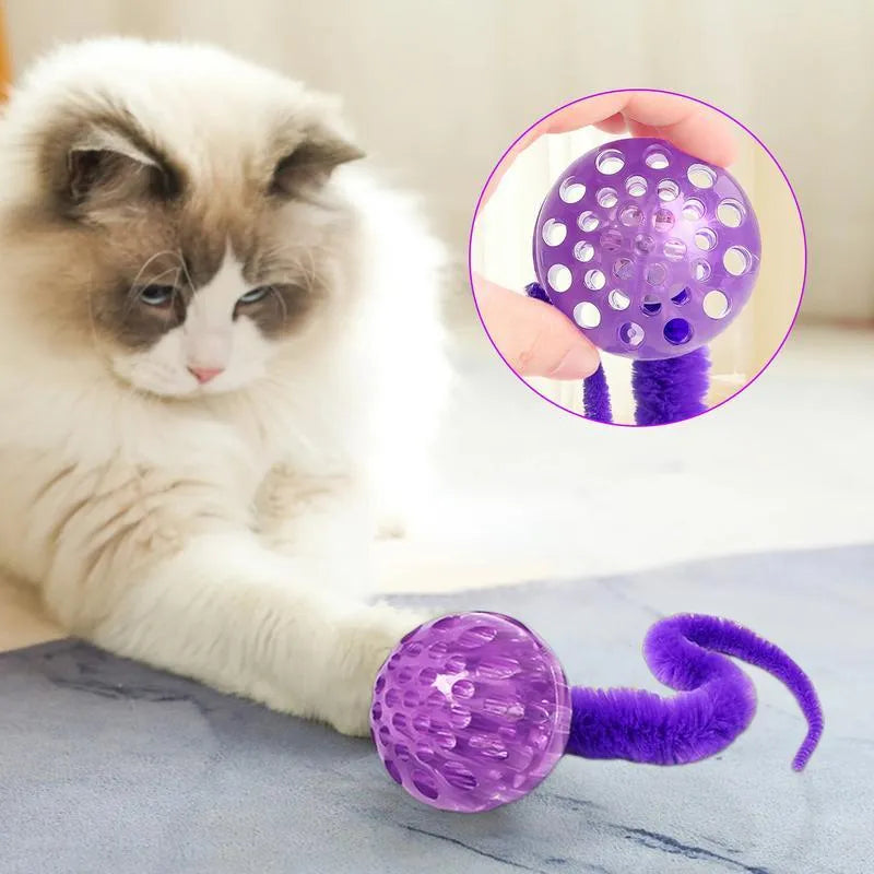 Interactive cat ball toy with TPR bouncy ball and plush tail in green colour