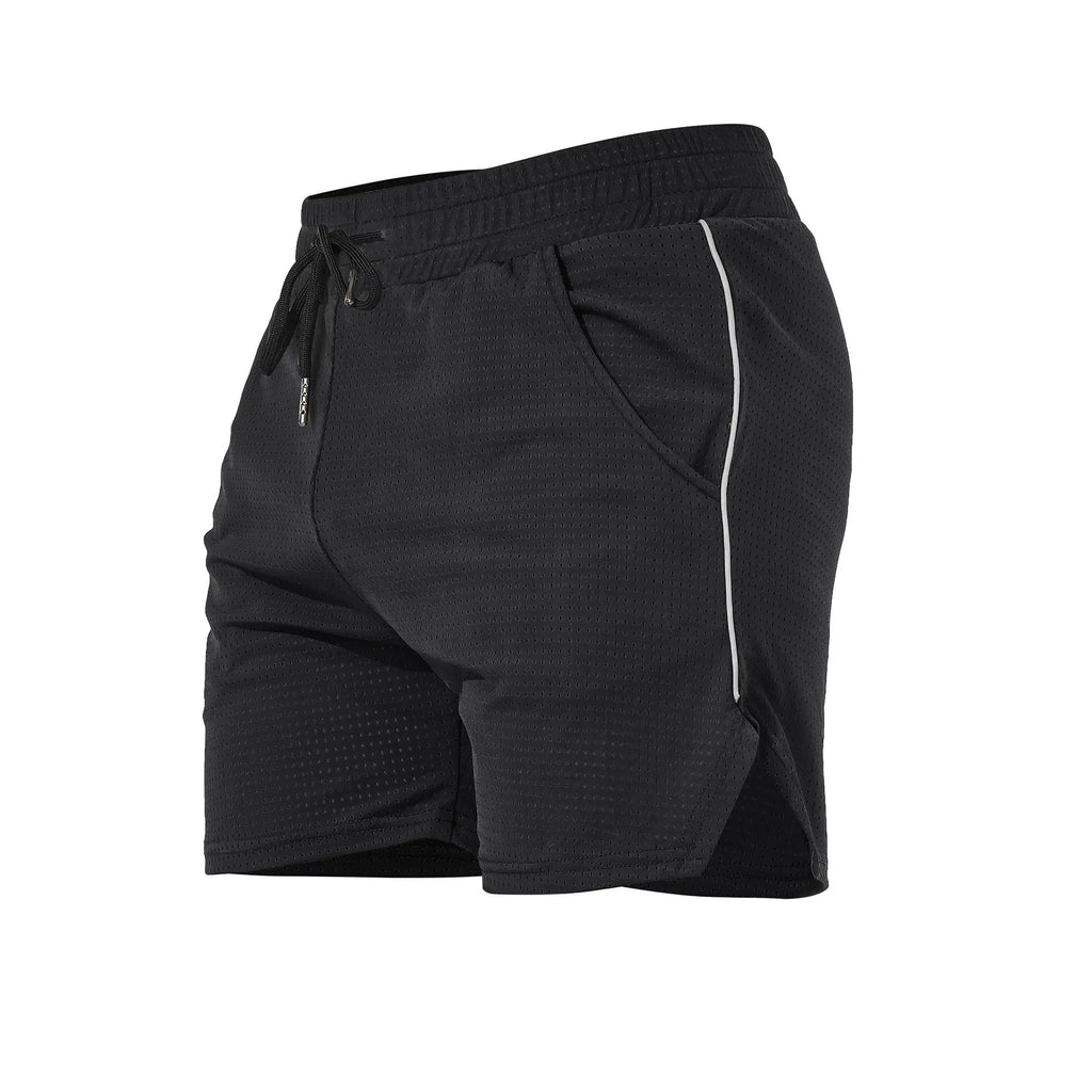 Men's black polyester straight-leg sports shorts on a hanger, showing the athletic cut and shorts length.