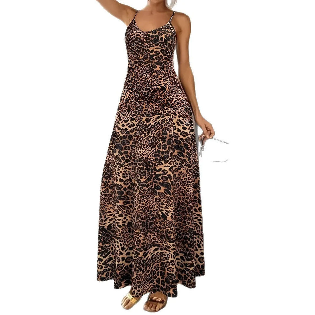 Dark brown leopard print sleeveless dress with round neck and shoulder strap design in milk silk polyester fabric