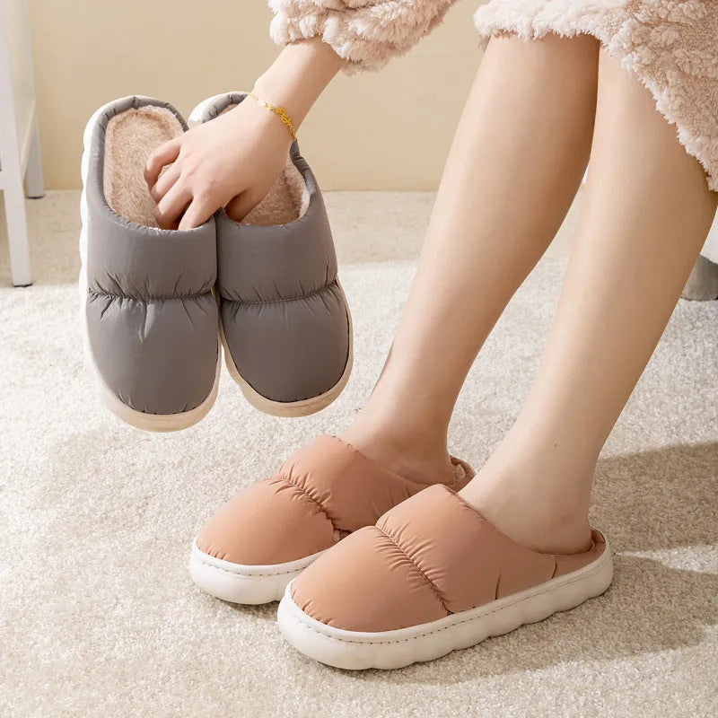 Down cotton slippers with thick rubber soles and artificial leather uppers in multiple colours