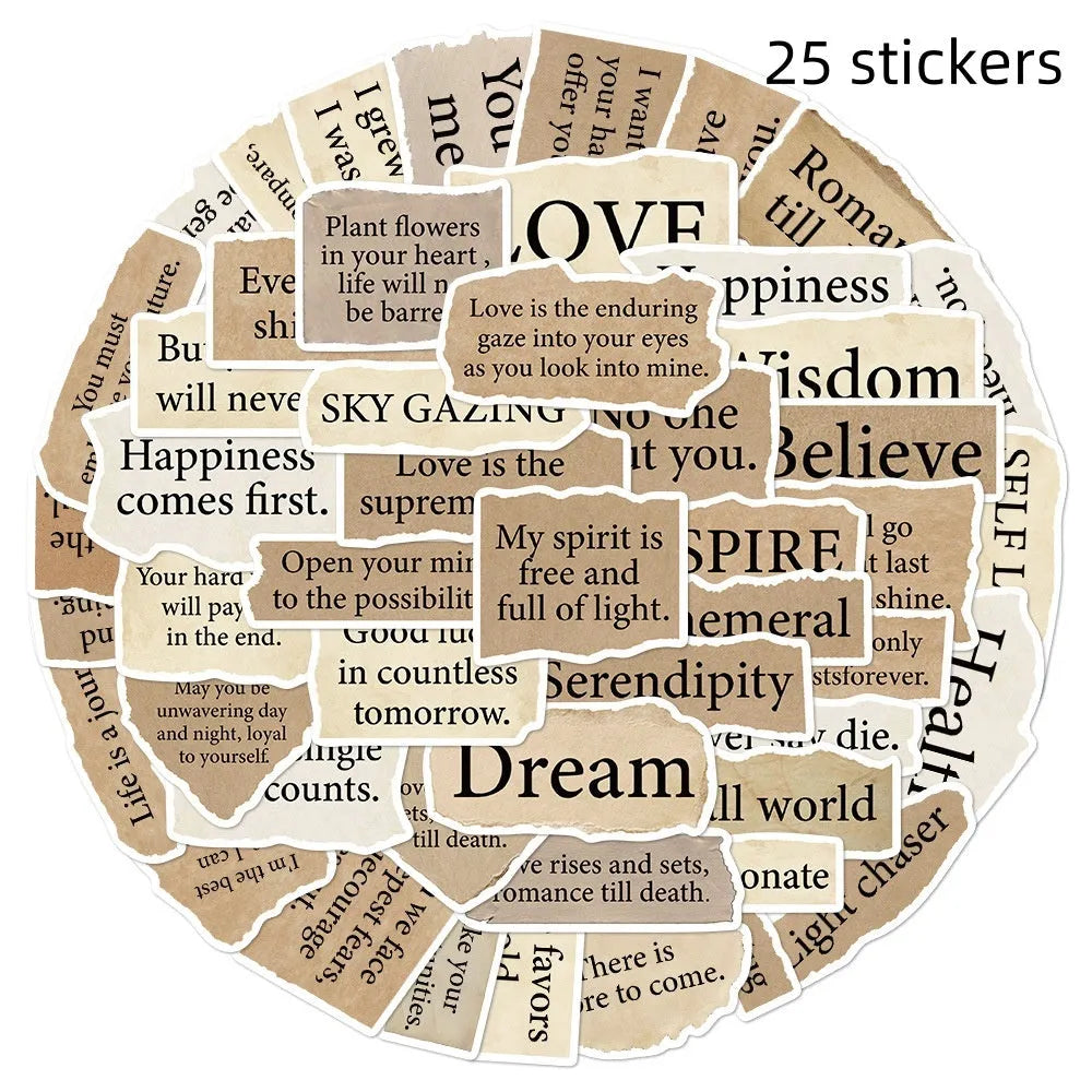 Pack of 25 waterproof PVC laptop stickers with tear English text design and repositionable adhesive