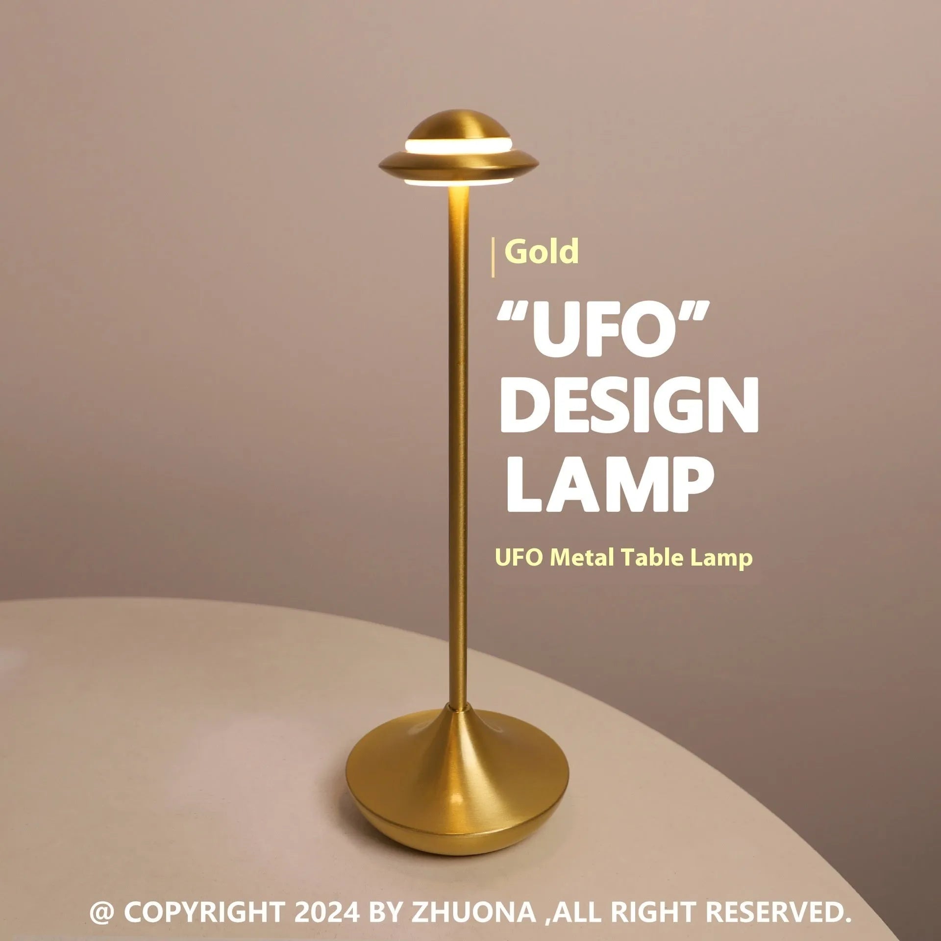 UFO-shaped rechargeable table lamp with touch controls in metallic finish