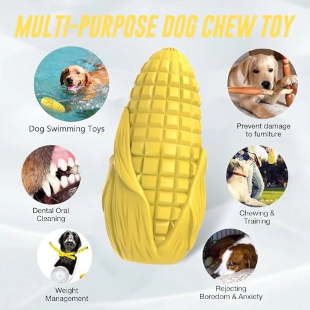 Corn-shaped dog chew toy with textured surface and blue/yellow colour options