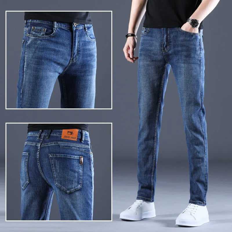 Summer thin men's cotton straight slim stretch casual trousers in 816 blue with mid waist