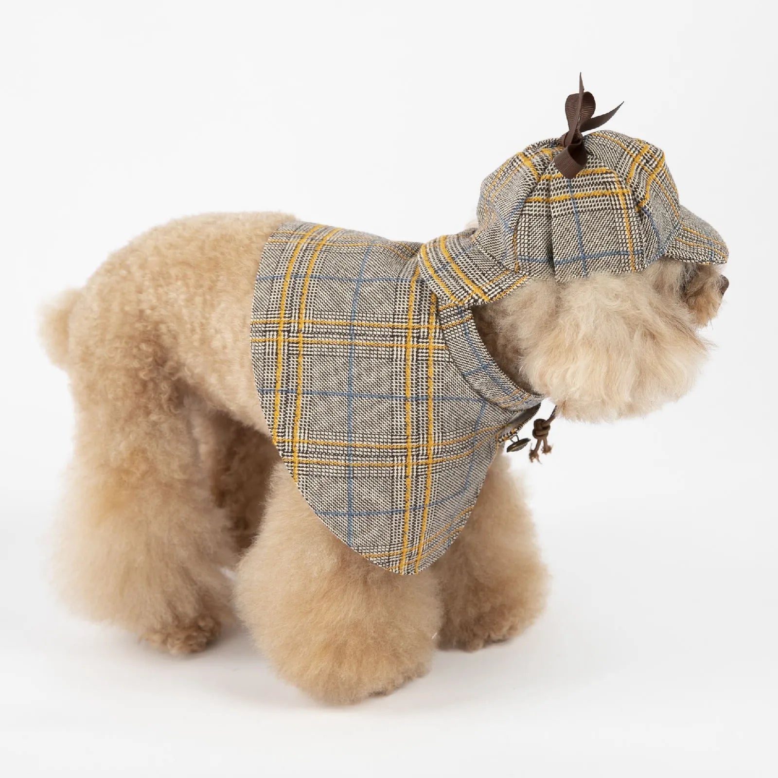 Camel-coloured cotton pet cloak with an adjustable hood, shown on a model dog.