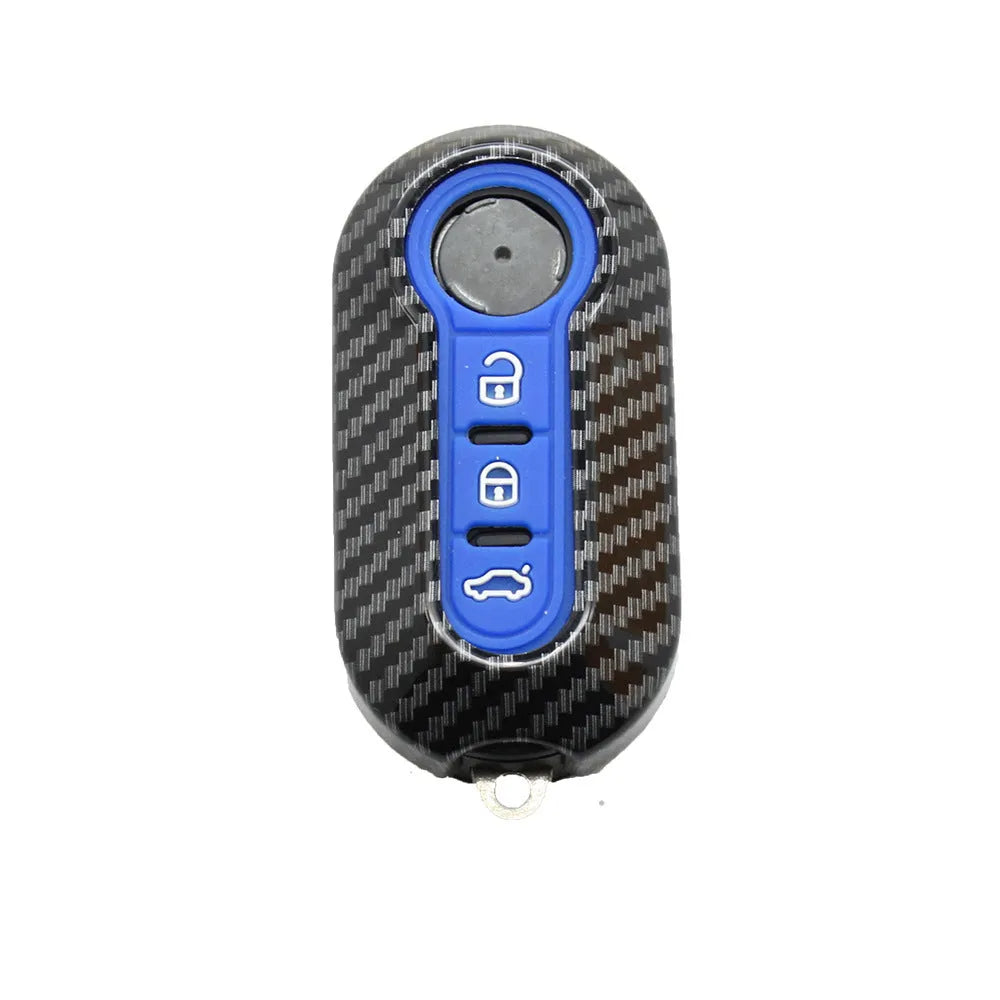 Fiat 500 replacement key case with carbon fibre texture in black, blue, or red