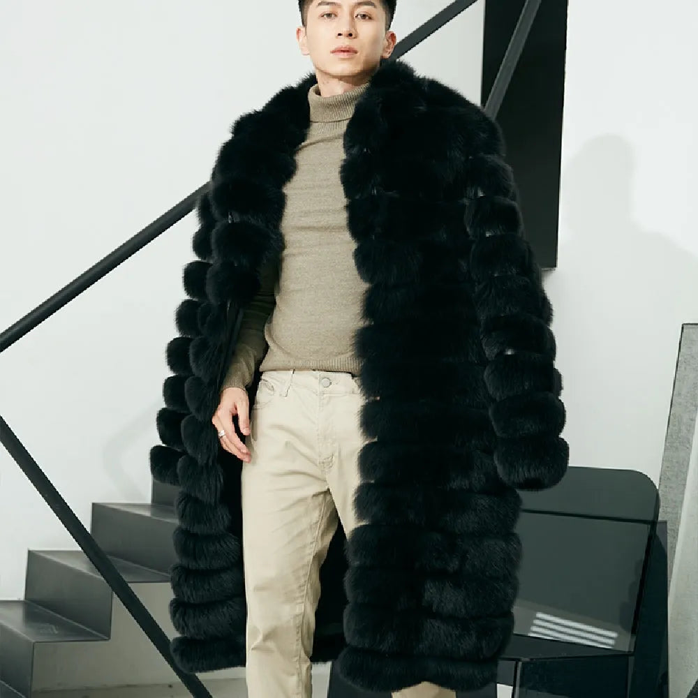 Men's real fur long winter coat in dark black with pockets and regular sleeves