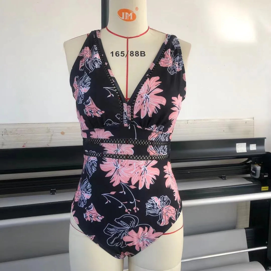 Black plus size swimsuit bikini with all-over printing and contrast stitching
