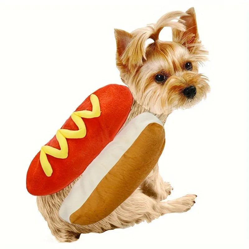 A small dog wearing a stuffed hot dog costume with a padded sausage midsection.