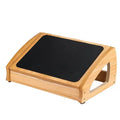 Wooden bamboo adjustable office desk footstool in natural wood colour, showing modern minimalist design.