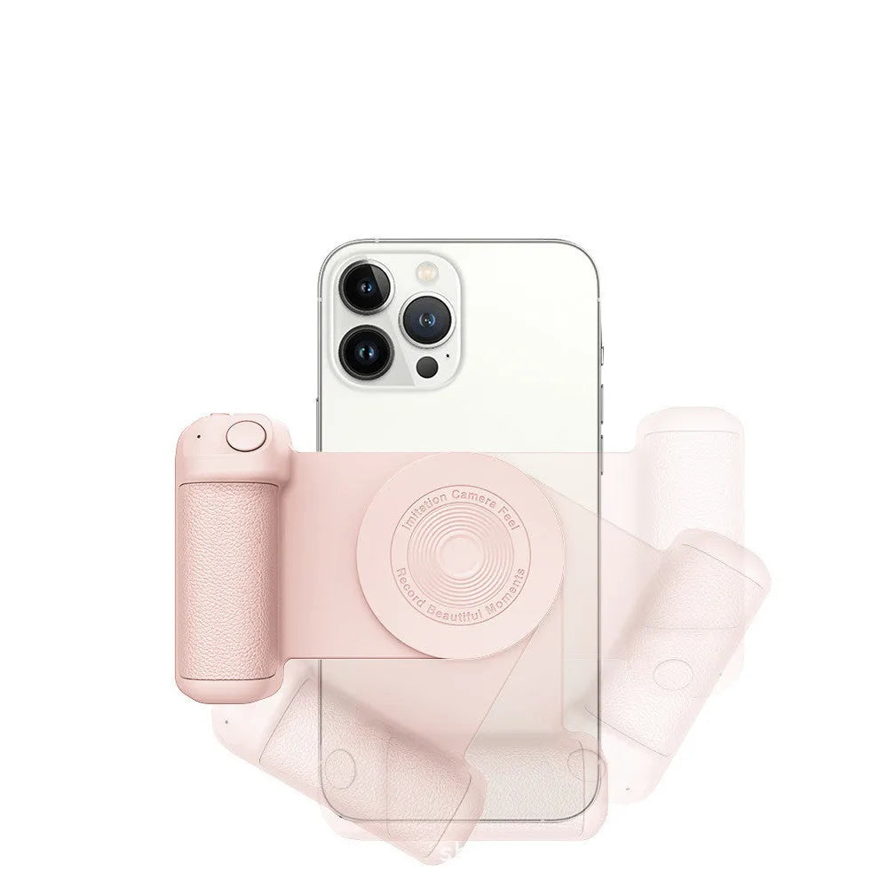 Black magnetic phone holder with ergonomic camera-style grip showing rotatable stand function
