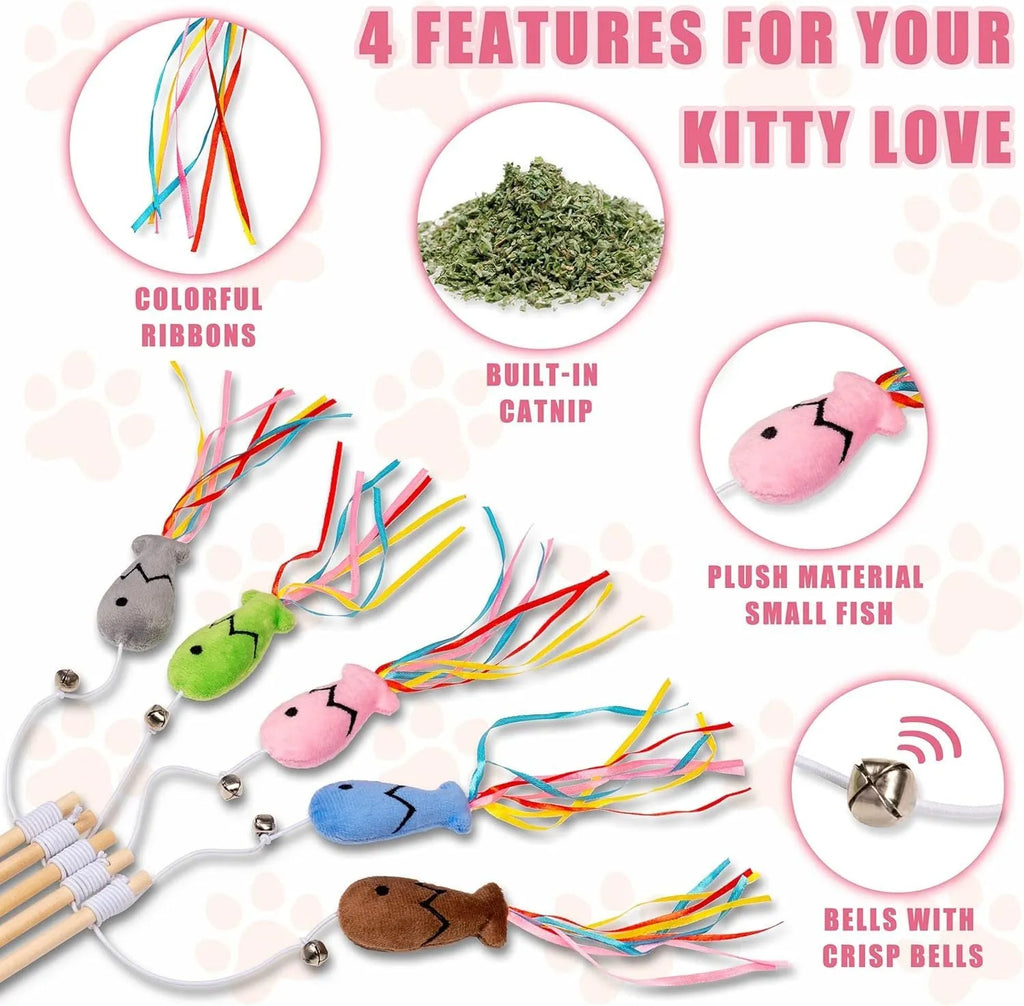 Interactive cat wand toy with wooden handle, colourful ribbons, catnip fish, and a bell.
