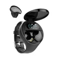 Black detachable Bluetooth earbud and smart fitness bracelet combo on a wrist.