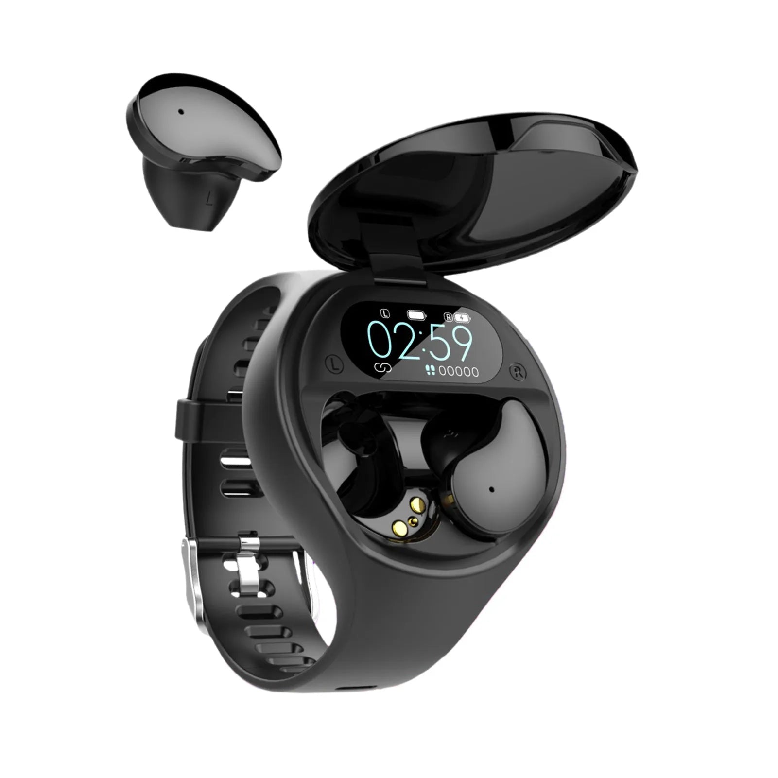 Black detachable Bluetooth earbud and smart fitness bracelet combo on a wrist.