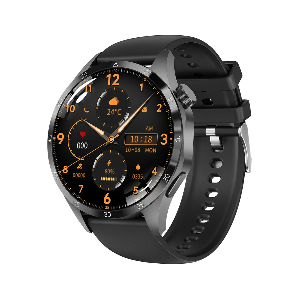 Black smartwatch with Bluetooth calling and health monitoring functions on a silicone strap.