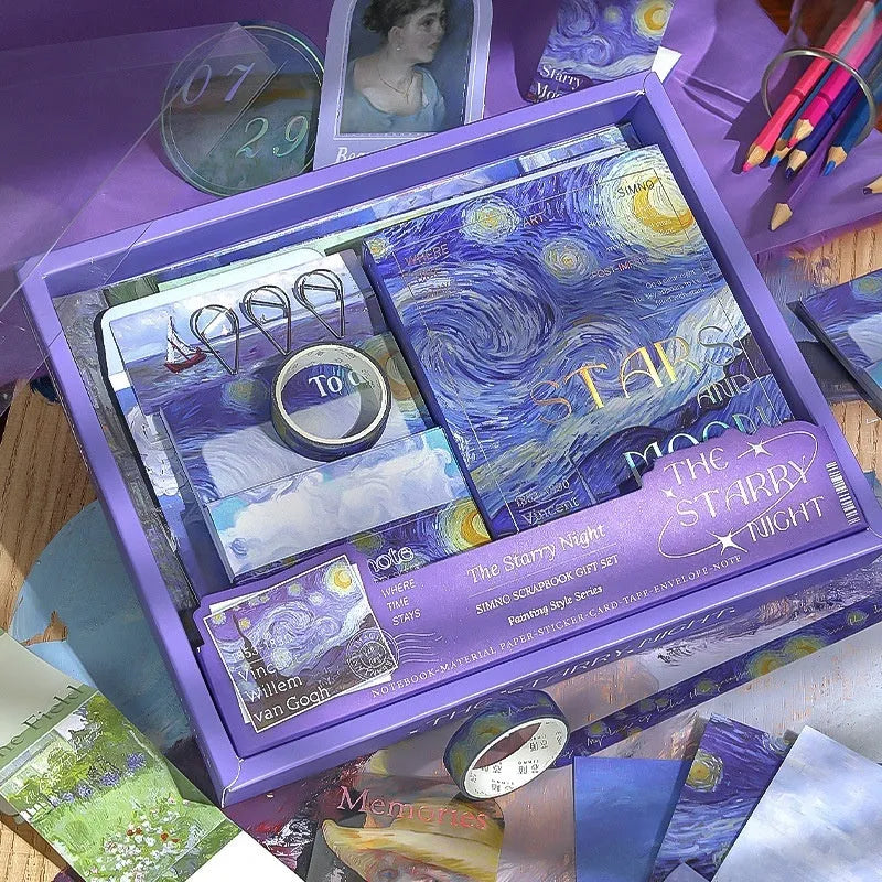 A6 creative journal gift box with grid notebook, paper sheets, cards, envelopes, and decorative stationery accessories