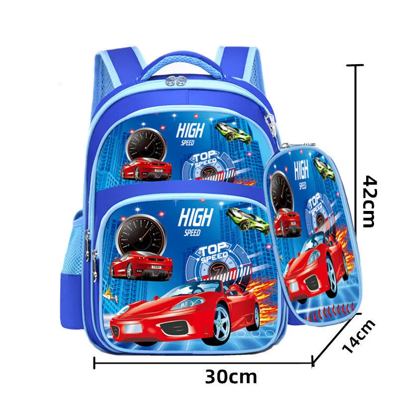 Blue cartoon print children's backpack with pencil case for school use