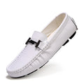 Men's casual leather shoes with belt buckle in black, blue, bronze, and white colour options