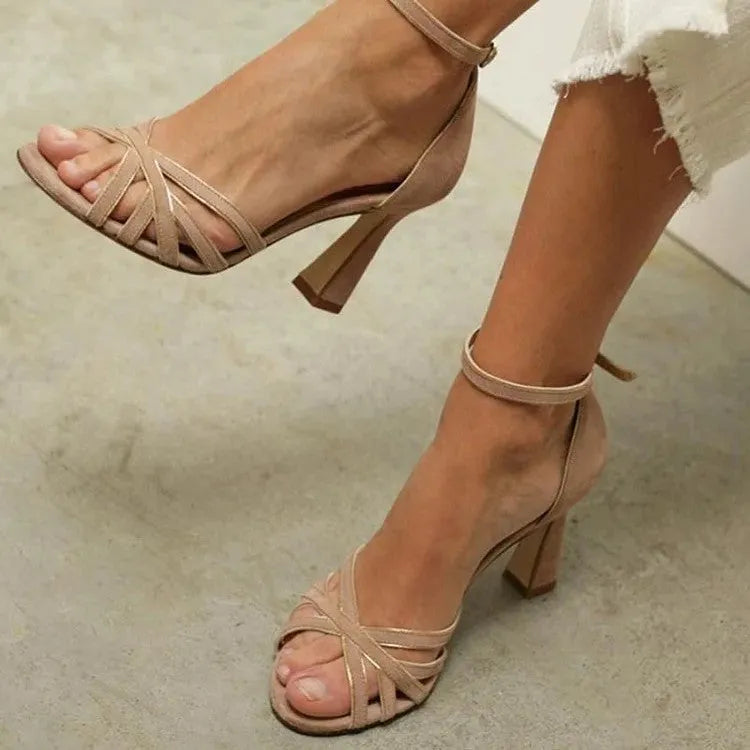 Apricot suede women's peep-toe sandals with fish mouth toe design and 40mm-43mm heels