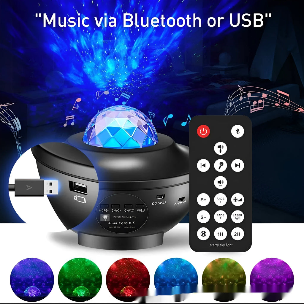 Small black bowl-shaped projection lamp showing starry sky and water ripple lighting effects on wall