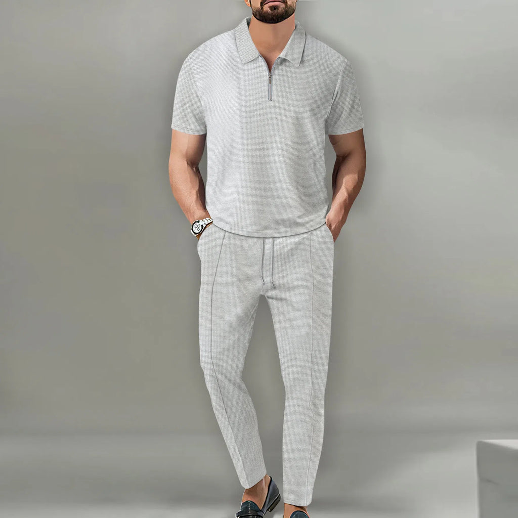 Men's waffle lapel short sleeve suit set in Khaki with matching trousers