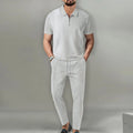 Men's waffle lapel short sleeve suit set in Khaki with matching trousers