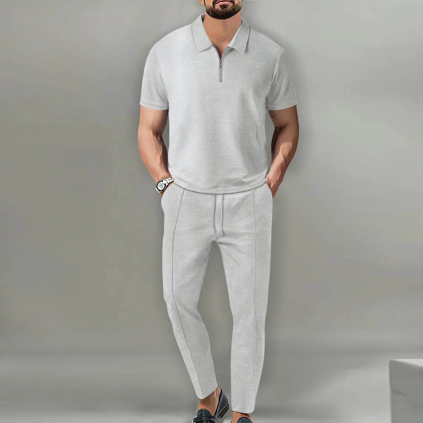 Men's waffle lapel short sleeve suit set in Khaki with matching trousers