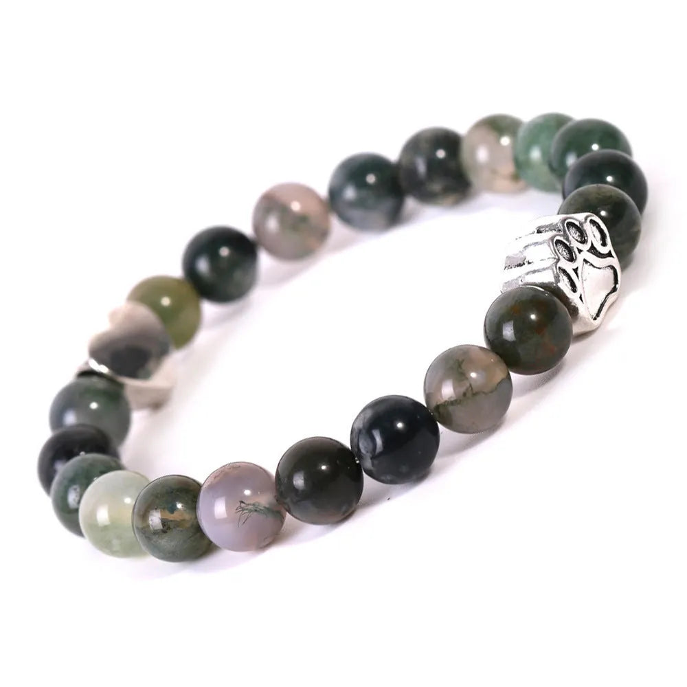 Tigereye Indian agate stone bracelet with dog's paw and love heart charms in beaded geometric design