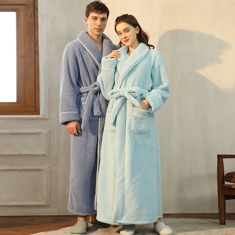 Thickened winter couple's bathrobe in Angola red flannel with European style cut and plus size options
