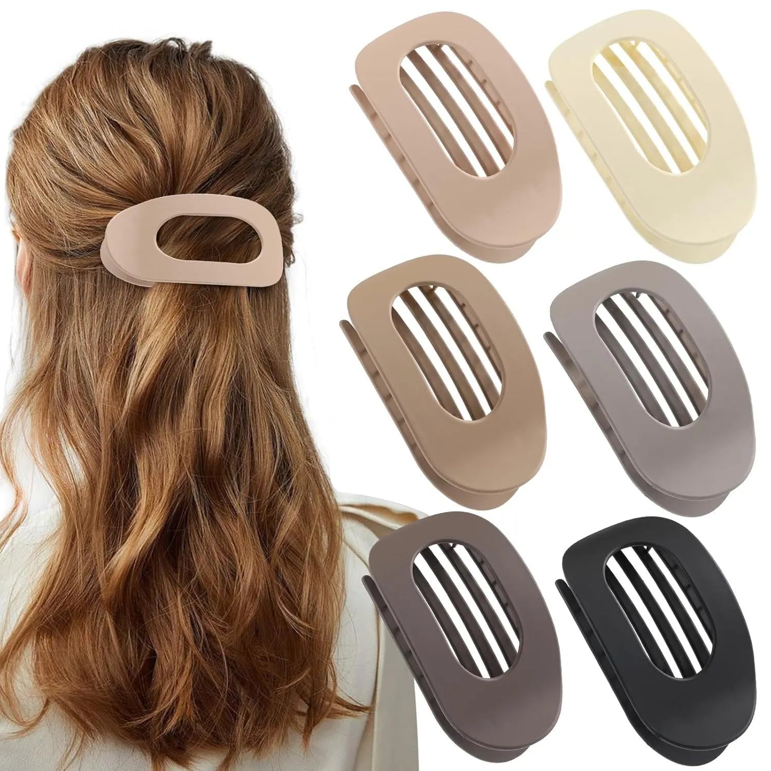 Six rose red plastic hair clips with frosted grip surface and quadrilateral styling